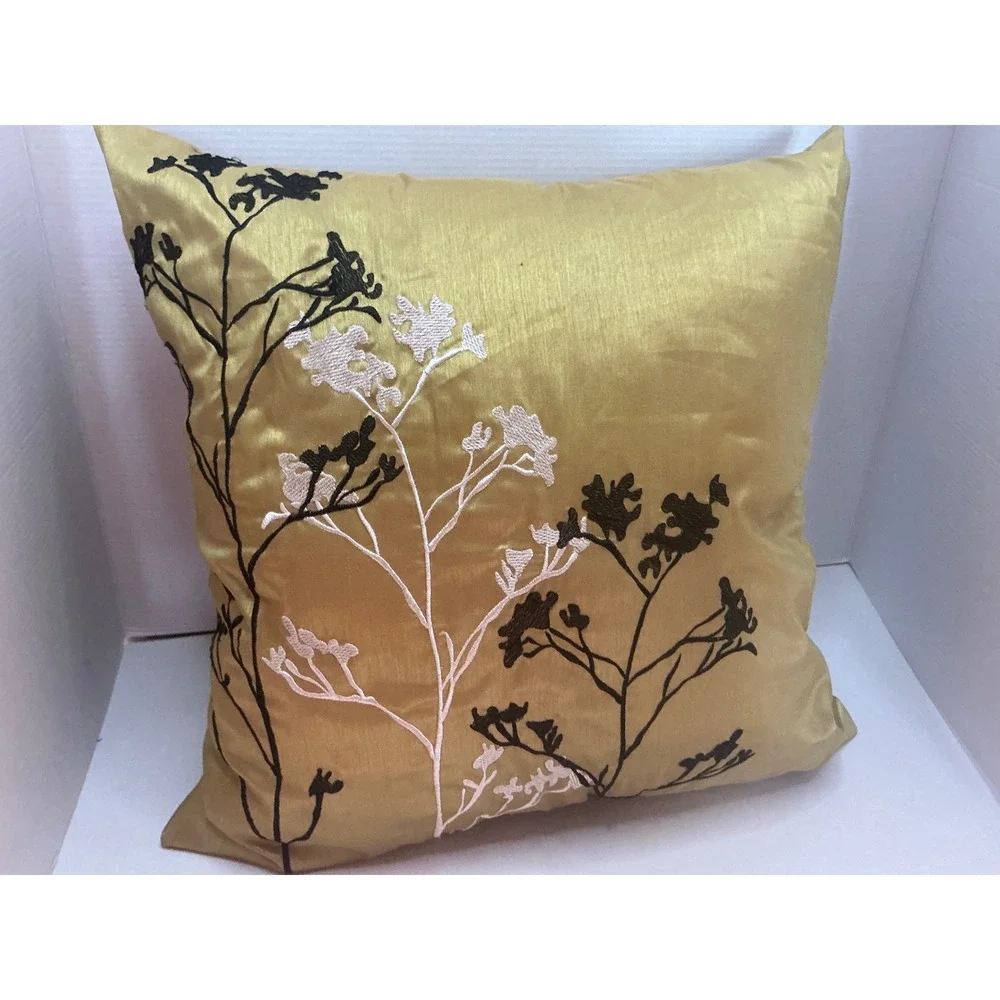 Gold Faux Silk Embroidered Floral Branch Throw Pillow 16x16 Modern